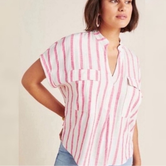 Anthropologie Maeve Amira Striped Linen Blend Top Ivory Pink - Picture 1 of 6
